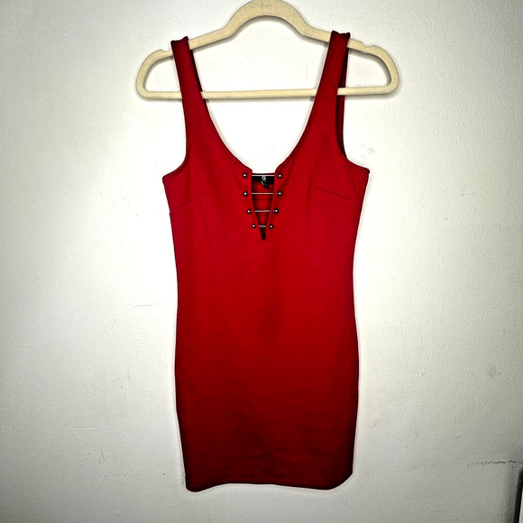 G by Guess Red Bodycon Silver Embellished V-Neck Sleeveless Mini Dress Small - Picture 14 of 14